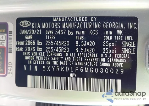 2021 Kia Sorento Sx Prestige from USA, damaged, VIN 5XYRKDLF6MG030029